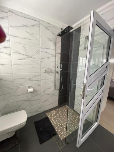 a bathroom with a shower with a glass door at Bed and Breakfast Villa Livadia in Cape Town