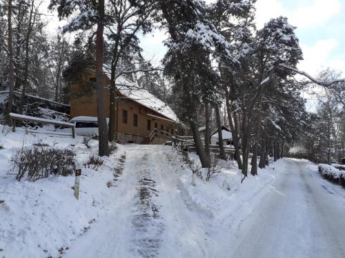 a snow covered road in front of a house at Penzion Pralinka sro Jesenice u Rakovníka in Tlestky