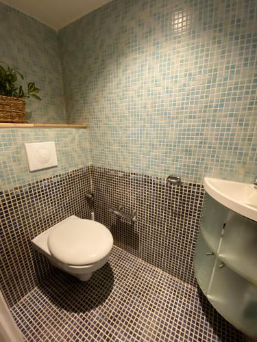 une salle de bain avec toilettes et lavabo dans l'établissement Le Guillaumont - Amazing 2-bedroom in the Old Town -StayInAntibes, à Antibes