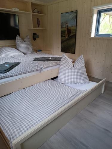 two twin beds in a room with a window at Tiny House & Alpaka-Erlebnis im Ruhner Land - Naturidylle pur in Ziegendorf
