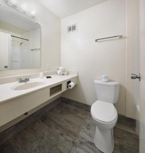 a bathroom with a white toilet and a sink at USA Economy Lodge in Spartanburg