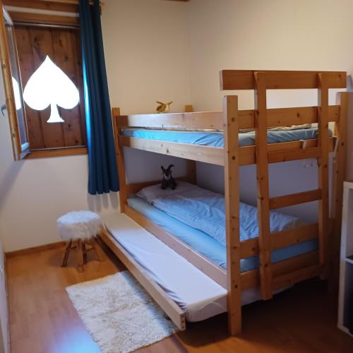 - un lit superposé avec un chat assis sur la couchette inférieure dans l'établissement Morillon chalet-apartment for 6, à Morillon