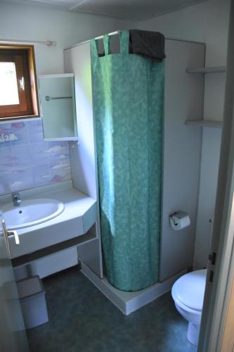 une salle de bain avec une douche, un lavabo et des toilettes dans l'établissement Les Chalets du Roc, à Alzon