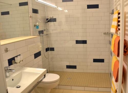 a bathroom with a toilet and a sink and a shower at Hotel Zur Mühle in Bad Breisig