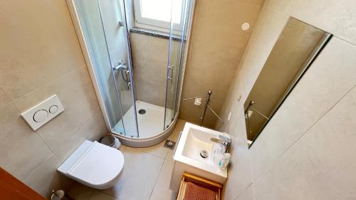 a bathroom with a toilet and a sink and a mirror at Cozy Apartment Koper - New 2023 in Pobegi