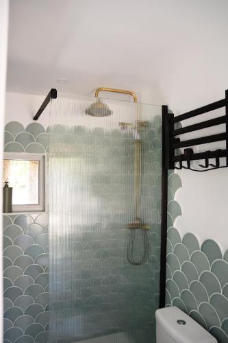a bathroom with a glass shower with a toilet at Les Pierres Mont-Saint-Michel in Servon