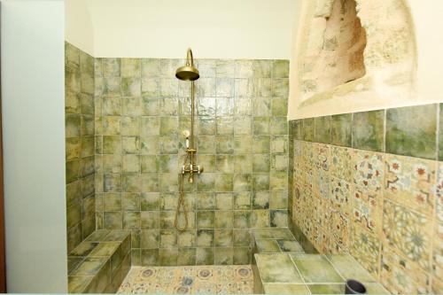 a bathroom with a shower with a tiled wall at Elaia-Fos in Rhodes Town