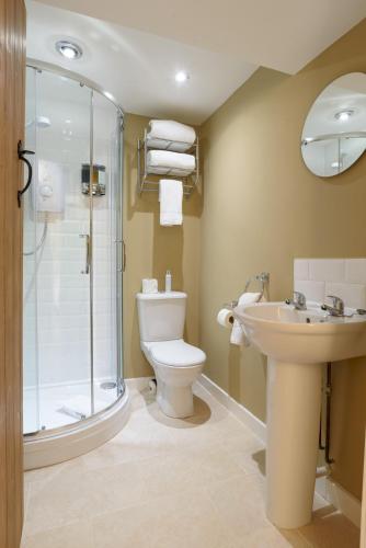 a bathroom with a shower and a toilet and a sink at Heron Cottage Upperdale Peak District in Buxton