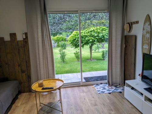 salon z widokiem na okno w obiekcie Jolie petite maison w mieście Sanguinet