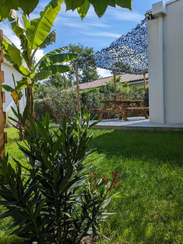 - un jardin avec une table de pique-nique et un banc dans l'établissement Jolie petite maison, à Sanguinet