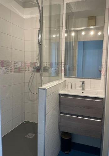une salle de bain avec une douche, un lavabo et un miroir dans l'établissement Hossegor Vue Océan, à Soorts-Hossegor