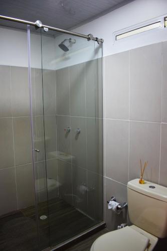 a bathroom with a glass shower with a toilet at Finca Hotel el Edén del Quindío in Calarcá
