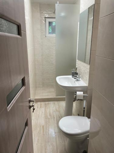 a bathroom with a toilet and a sink at Apartament Wave in Constanţa