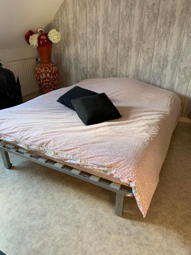 un lit avec un oreiller noir dessus dans l'établissement Chambres à louer, à Ruaudin