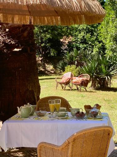 a table with food and drinks on it under an umbrella at Douceur des Pins in Saint-Trojan-les-Bains