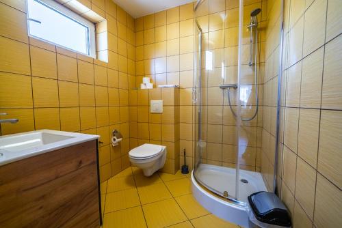 a bathroom with a toilet and a shower and a sink at Niebieska Willa in Jastarnia