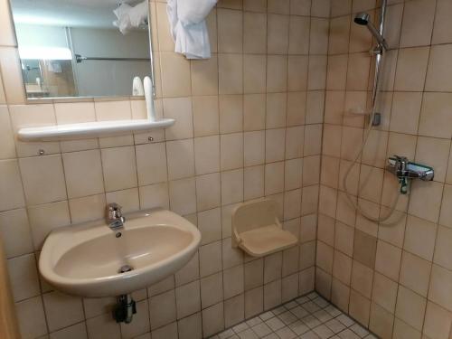 a bathroom with a sink and a shower at Ferienwohnung Heustüble in Hinterzarten