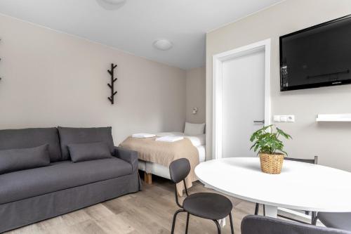 una sala de estar con un sofá y una mesa en Freyjugata Apartments by Heimaleiga, en Reikiavik