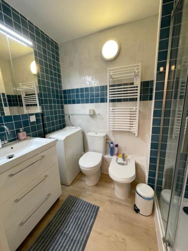 une salle de bain avec toilettes, lavabo et douche dans l'établissement Appartement bord de mer Houlgate, à Houlgate