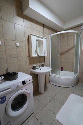 Un baño con lavadora y lavabo. en Golden Royal M, en Kragujevac