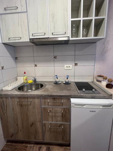 a small kitchen with a sink and a stove at Apartmani Vivami in Budva