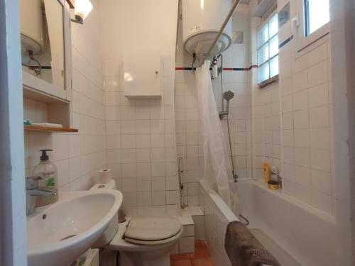 une salle de bain avec toilettes et lavabo dans l'établissement Cosy appartement next to Olympic sites, à Paris
