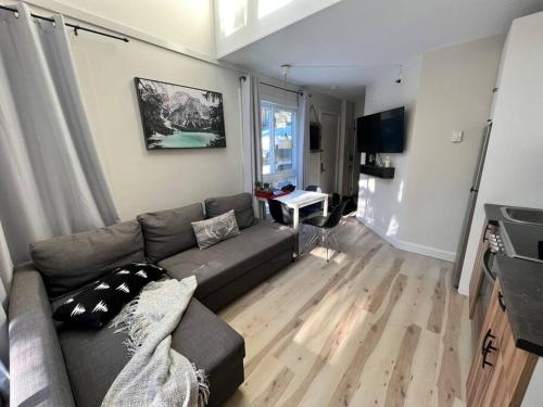 a living room with a couch and a table at Modern Chalet in the Mont Tremblant Ski Village in Mont-Tremblant
