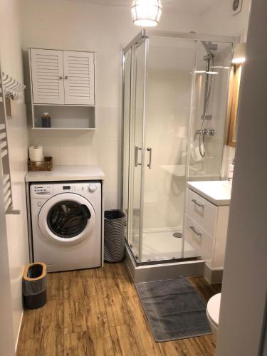 a bathroom with a washing machine and a shower at Apartament Promyk in Świnoujście