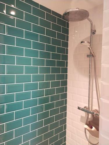 La salle de bains est pourvue d'un mur carrelé bleu et d'une douche. dans l'établissement Notre petite maison, à La Rochelle