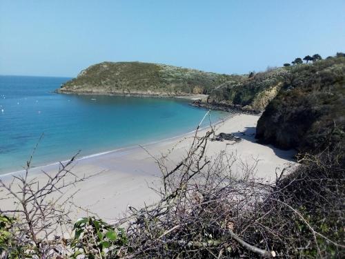 a view of a sandy beach with the ocean at Appartement Matignon a 5 minutes des plages in Matignon