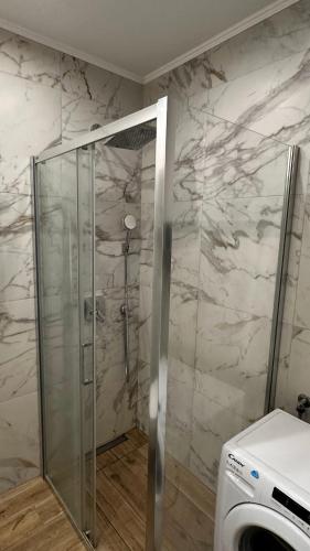 a shower with a glass door in a bathroom at River Apartment in Novi Sad