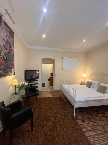 a bedroom with a white bed and a flat screen tv at St Martin Apartment in Vienna