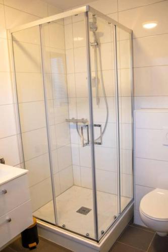 a glass shower in a bathroom with a toilet at Luxe studiomuseumgebiedEftelingUvT in Tilburg