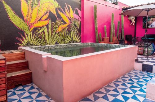 a swimming pool in front of a pink wall with a cactus at Homestal California Hostal en Tlaquepaque in Guadalajara