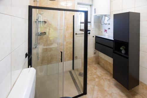 W łazience znajduje się prysznic ze szklanymi drzwiami. w obiekcie Apartment Nikoleto w mieście Zadar