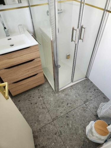 une salle de bain avec douche et lavabo dans l'établissement La Tiniera à Lucéram - Maison rénovée 2023- Terrasse - Wifi - Village des crèches, à Lucéram