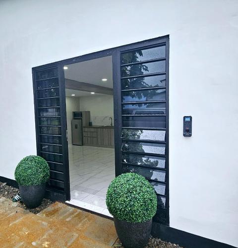 a door to a wine cellar with two bushes at The Blue Donkey in Paramaribo