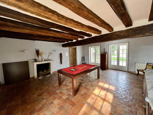 a pool table in a room with a fireplace at Le domaine de Brie in Châtillon-la-Borde