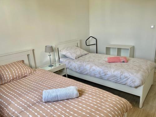 a bedroom with two beds and a pillow on the floor at Appartement près de la mer in Larmor-Plage