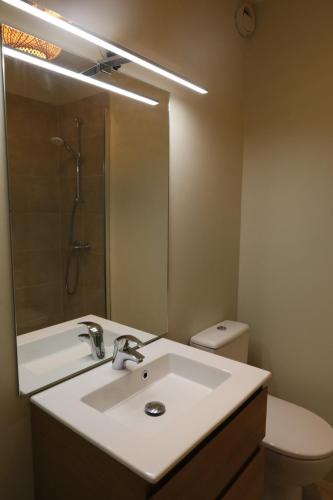 une salle de bain avec un lavabo, une douche et des toilettes dans l'établissement L'Amirauté 150m de la plage, à Bormes-les-Mimosas