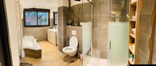 une salle de bain avec toilettes et lavabo dans l'établissement Appartement F3 Bastia neuf spatieux, à Toga