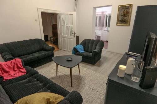 a living room with two couches and a tv at Apartmani Komoč in Novi Bečej