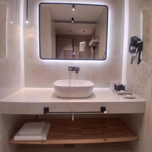 a bathroom with a sink and a large mirror at Ferhadija 31 Old town Sarajevo in Sarajevo