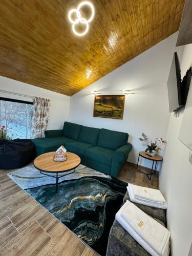 a living room with a green couch and a table at Hanul Doctorului Badeni-Runcu Apartament in Bădeni