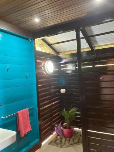 a bathroom with a shower and a sink and a plant at Piton Bungalows Ecolodges in Deshaies