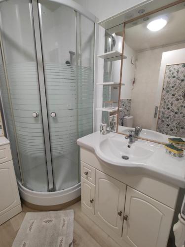une salle de bain blanche avec une douche et un lavabo dans l'établissement Saint-Mandrier-sur-Mer Rsd Les comètes, à Saint-Mandrier-sur-Mer