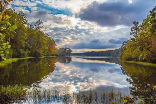 a river with trees and clouds in the water at Spacious 4BR Home with 2 Baths & Fun Game Room in Birmingham