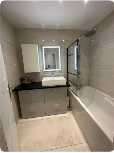 une salle de bain avec une baignoire, un lavabo et une douche dans l'établissement Grand paris JO24 Expo Park ,CDG , Bourget, Disney,Astérix, à Villepinte