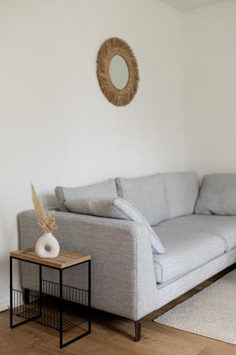 - un salon avec un canapé gris et un miroir dans l'établissement HELIANTHE - Cosy et spacieux refait à neuf tout confort, à Saint-Étienne