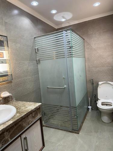 a bathroom with a shower with a toilet and a sink at الخمايل الشيخ زايد in Kafr Abū ʼumaydah